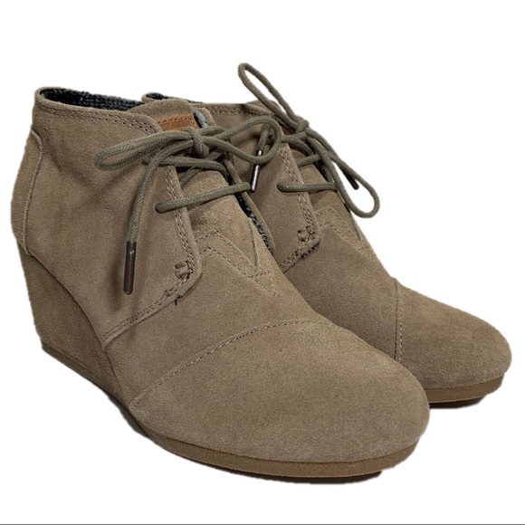 Toms Shoes - Toms Kala Taupe Suede Wedge Lace Up Ankle Booties